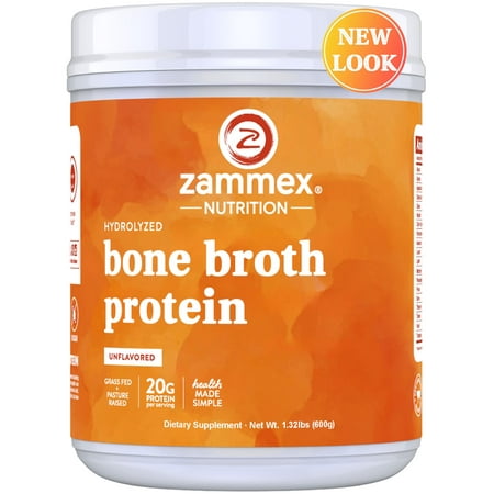 Zammex Bone Broth Protein Powder Grass Fed Beef, Natural Flavor, 1.32 lb, 20g Protein Hydrolyzed Collagen Peptides Type I & III,Dietary Supplement,Non-GMO,Gluten Free,Paleo & Keto Friendly