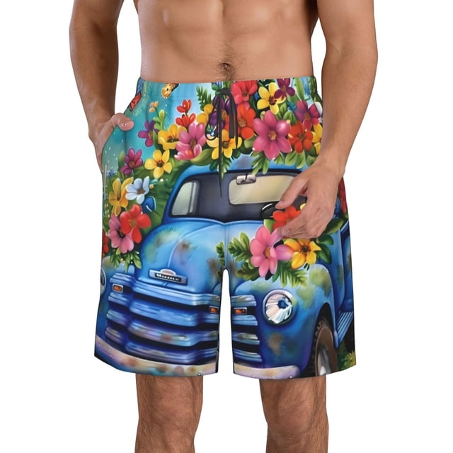 Balery Floral Truck Welcome Traje de Baño Estilo Hawaiano para Hombre, Shorts de Secado Rápido con Bolsillos-Small