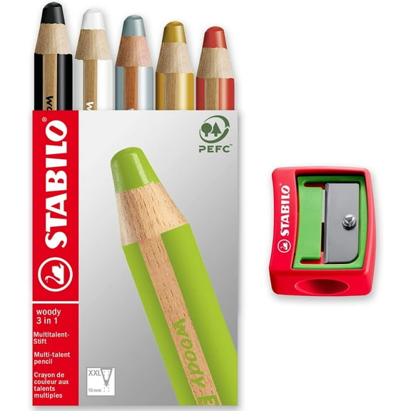 Multi-Talented Pencil - STABILO Woody 3-in-1 - Basic Box of 5 - Silver, Gold, White, Black, Red   Sharpener
