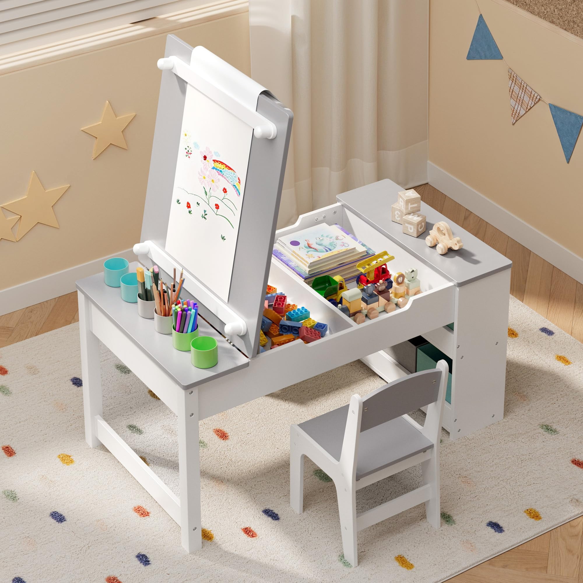 Aiho 3 in 1 Wooden Kids Art Table & Chairs Set with Removable Storage Lid - Toddler Activity Craft Table for Drawing, Studying & Creative Play, Gray