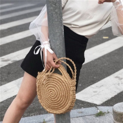 Handwoven Rattan Top-handle Bag for Women Bohemian Round Straw Tote Bag Beach Large Carrying Handbag 