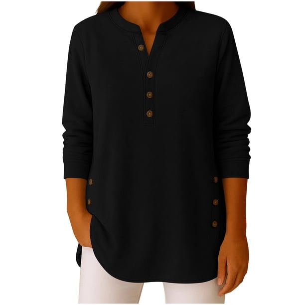 Camisas de Manga Larga Casual de las Mujeres con Cuello en V Color Sólido Blusa Suelta Top Estirable Suave, Camisas de Trabajo de Manga Larga