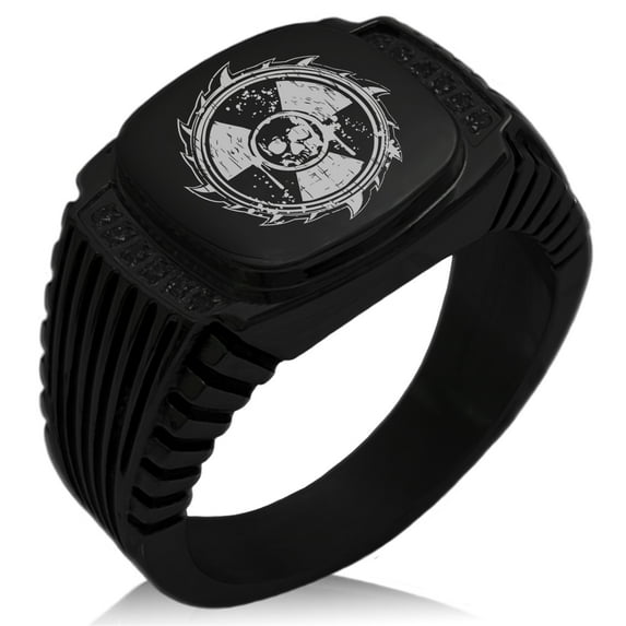 Stainless Steel Radioactive Sawblade Skull CZ Ribbed Needle Stripe Pattern Biker Style Polished Ring