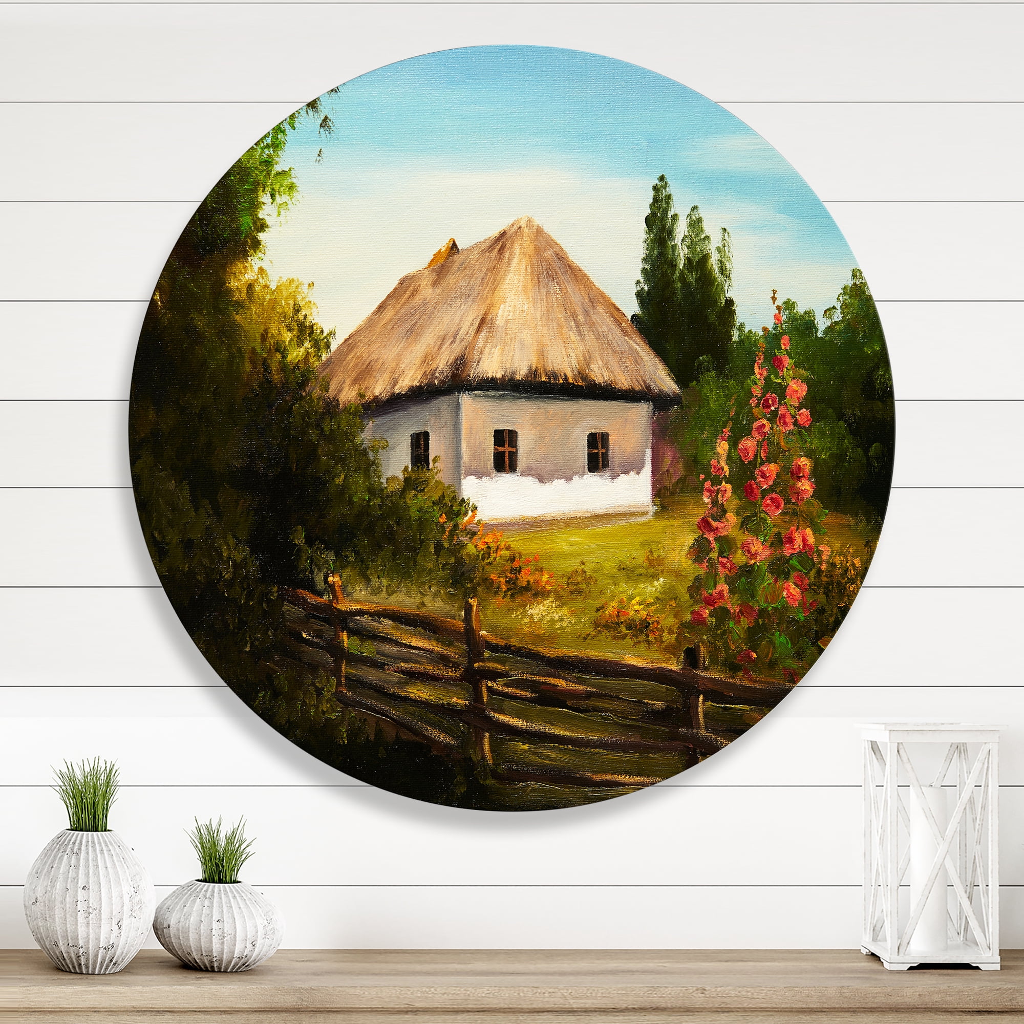 Designart 'House With Blossoming Flowers On The Mountain II' Traditional Circle Metal Wall Art 11x11 - Disc of 11