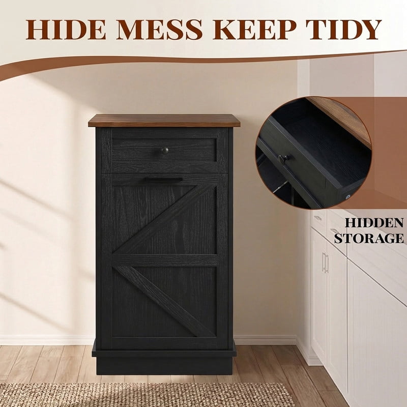 20''W Tilt Out Trash Can Storage Cabinet with A Drawer, Farmhouse Small Kitchen Island with 10-Gallon Trash Hidden Cabinet