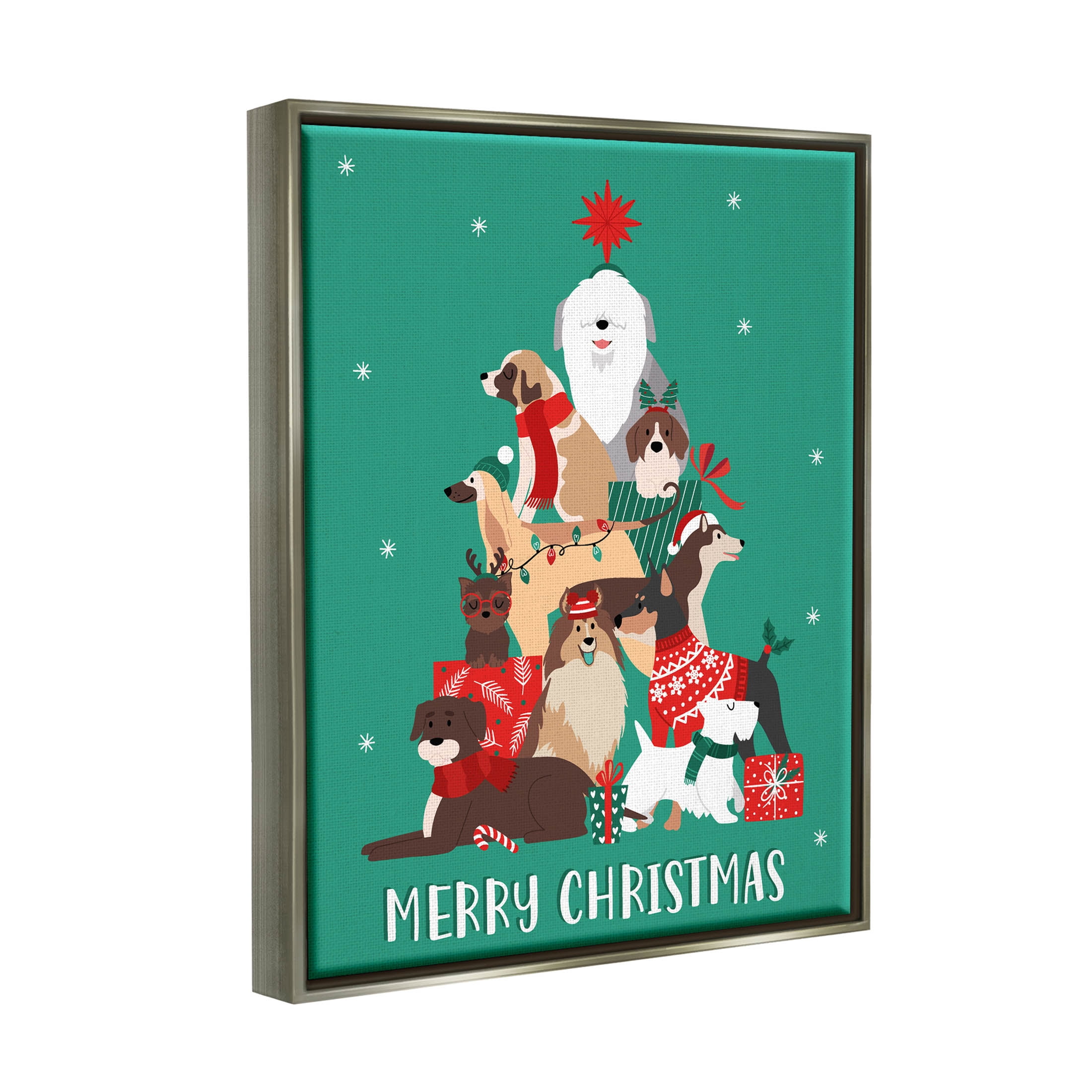 Merry Christmas Happy Dog Gifts Holiday Graphic Art Luster Gray Framed Art Print Wall Art