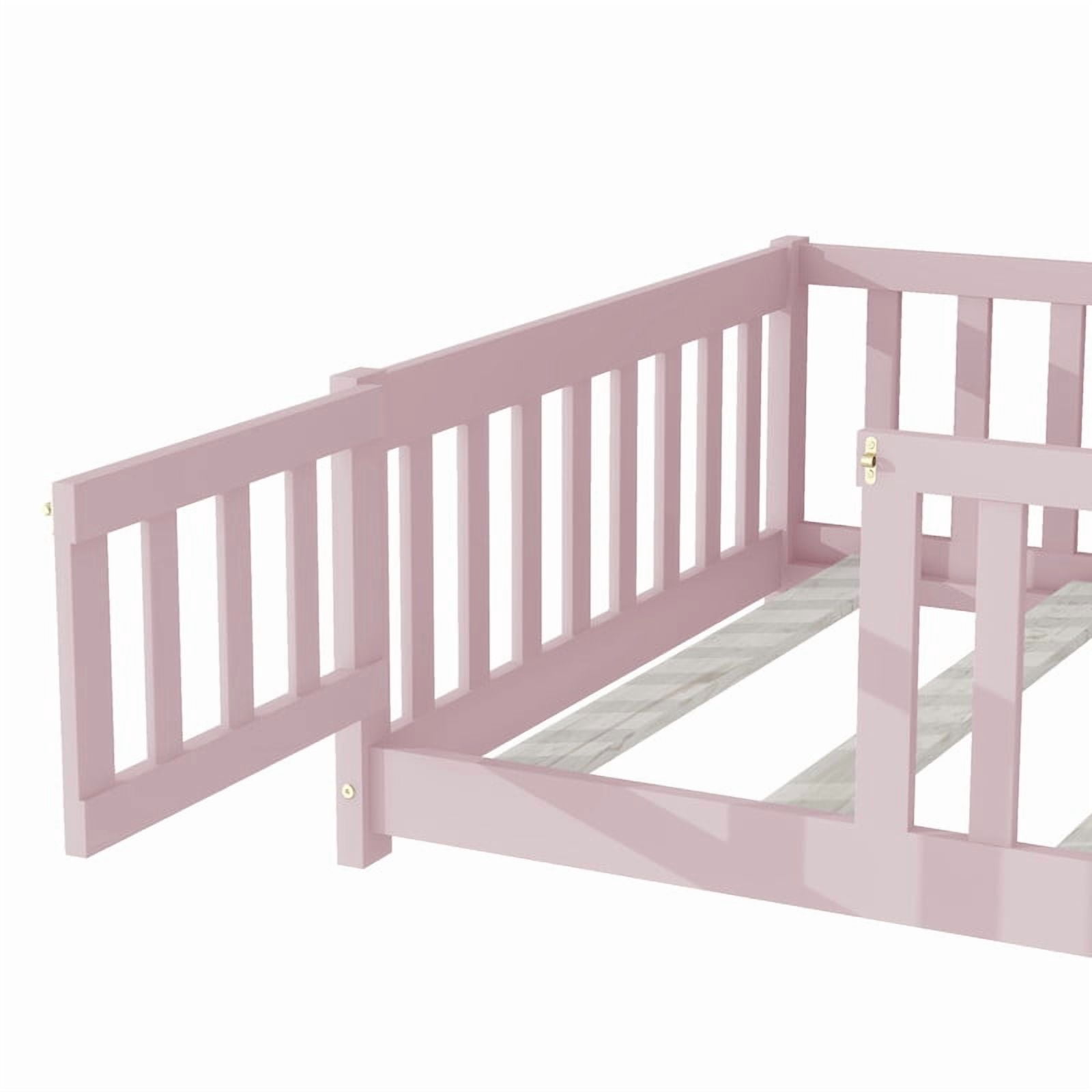 Mirightone Twin Size Floor Bed , Wood Montessori Floor Beds with Fence Railings, Door & Slats Support, Twin Playhouse Bed Frame, (Pink)
