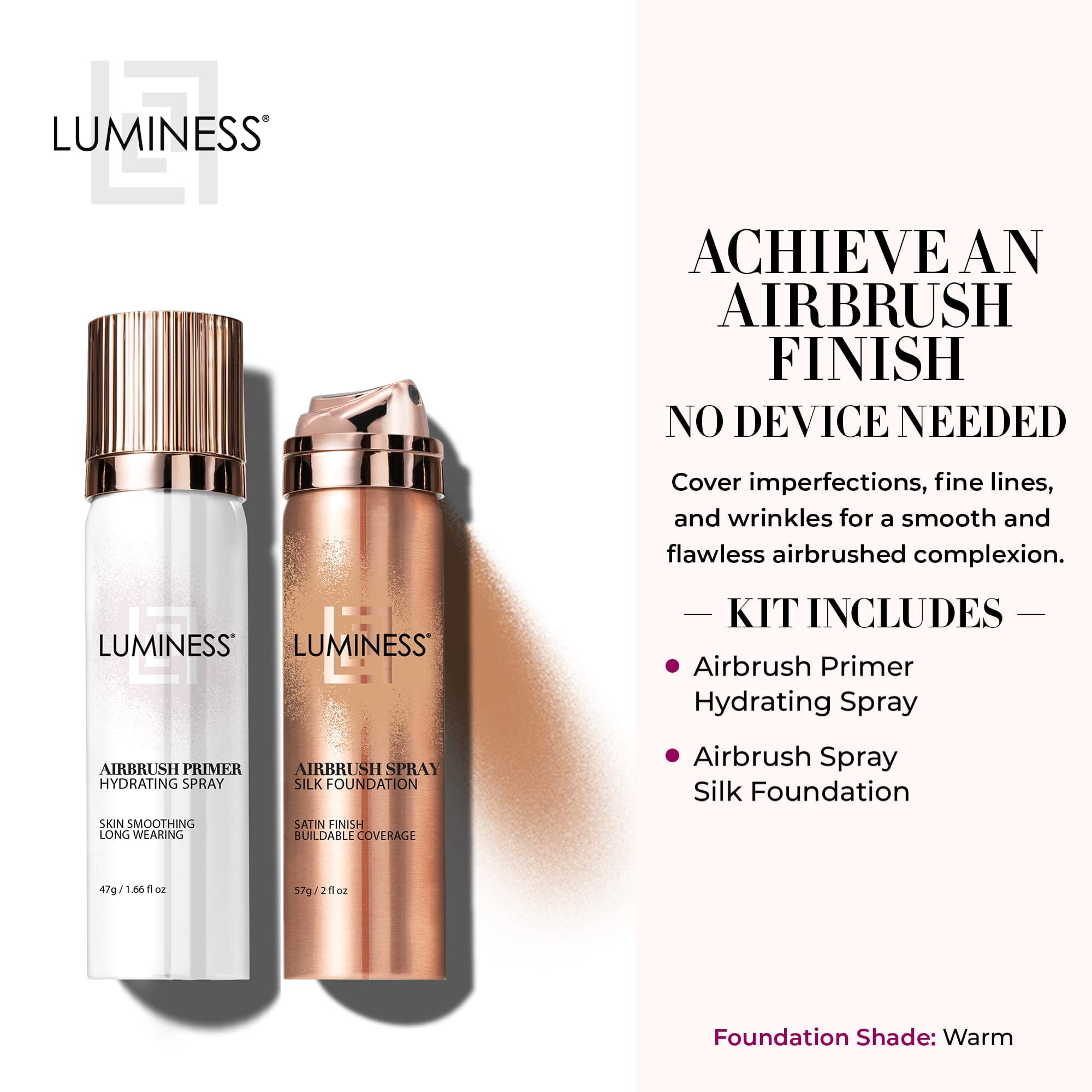 LUMINESS Silk Airbrush Spray Foundation & Primer Kit - Full Coverage Foundation, Anti-Aging Formula Hydrates & Moisturizes with Hyaluronic Acid, Aloe Vera & Hydrolyzed Silk (Shade - Warm)
