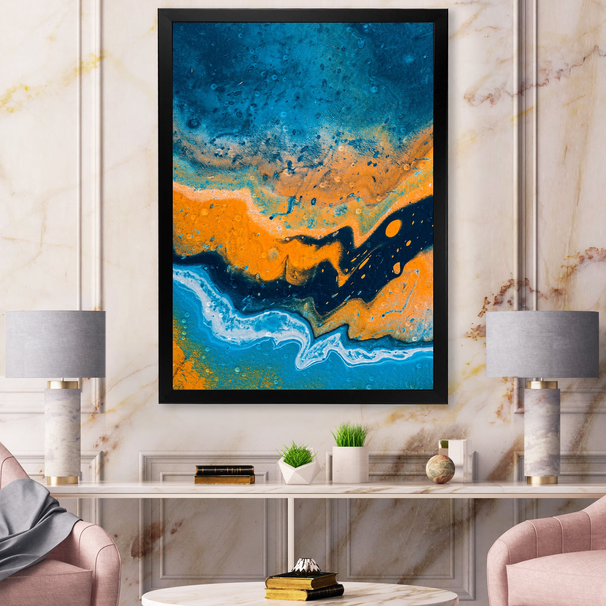 Designart 'Abstract Marble Composition In Orange and Blue IV' Modern Framed Art Print