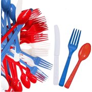 288Pcs USA Patriotic Decorative Cutlery Set in Red, White and Blue. Includes 96 Spoons, 96 Forks,96 Knives. Quality Materials, Safe for Parties, Picnics, 4th of July & other Social Events
