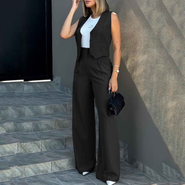 EHQJNJ Women Pant Suit Set Summer Womens Elegant Solid Color Suit Vest Tank  Cardigan Pockets Tops Wide Leg Pants Suit Casual Two Piece Outfits for  Women Black Pants Suit for Women Sexy