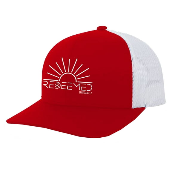 Trenz Shirt Company Christian Redeemed Sun Ephesians 1:7 Embroidered Mens Adjustable Snapback Mesh Back Trucker Hat, Red/White