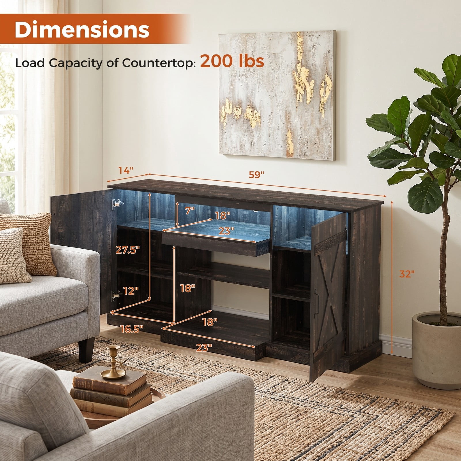 Furnibear 58 Inch Fireplace TV Stand for TVs up to 65 Inch, Rustic Wood Grain Entertainment Center with 20 Color LED Lights, Adjustable Shelves and 2 Cabinets, Brown