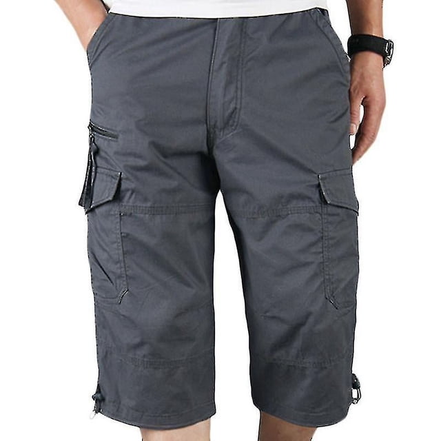 Men Plain 3/4 Length Cargo Pants Combat Multi Pockets Loose Pants