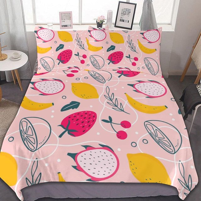 HAHDAXIA Fruit Pattern Bedding Solid Comforter Set for All Seasons,3 Pieces(1 Comforter+2 Pillowcases),Soft Microfiber Bedding Set King(90"x90")