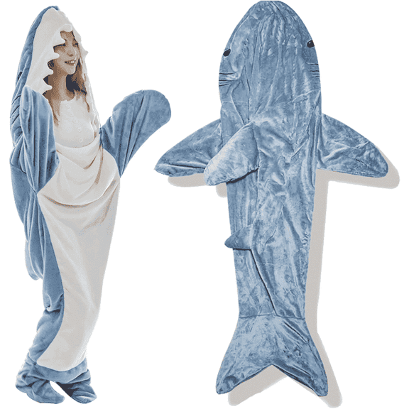 Shark Blanket Hoodie Onesie, Blue Wearable Sleeping Bag for Adults, Soft Cozy Costume, XL