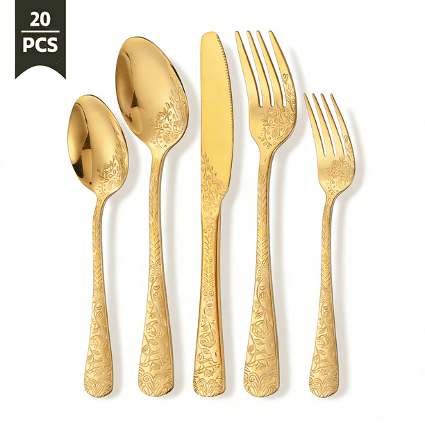 Juego de 20 Pzas Floral Silverware Incluyendo Tenedor Cuchara y Cuchillo Juego de Cubiertos de Acero Inoxidable Juego de Cubiertos Vintage Juego de Utensilios Pulidos con Espejo para Cocina Apto para