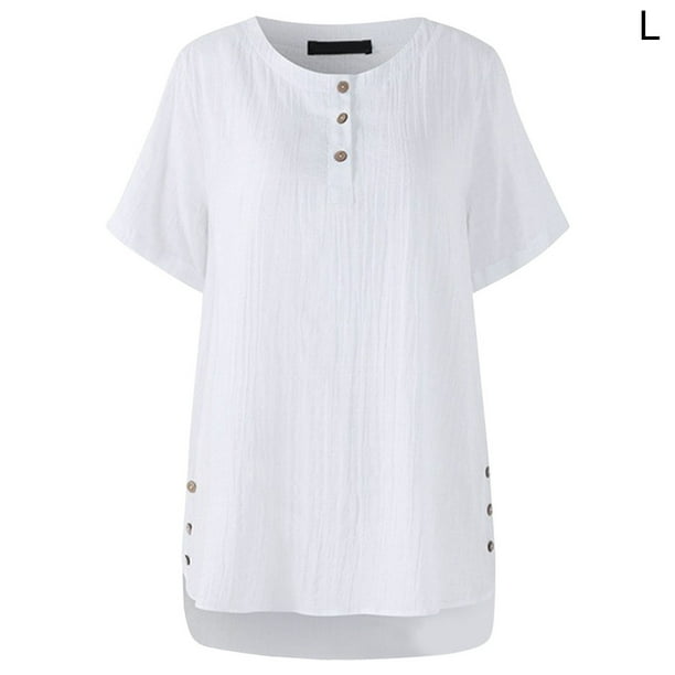 Camiseta a cuadros Mujer Botón de verano Blusa de manga corta Top suelto, Blanco, L Jumpingount AP001353-03