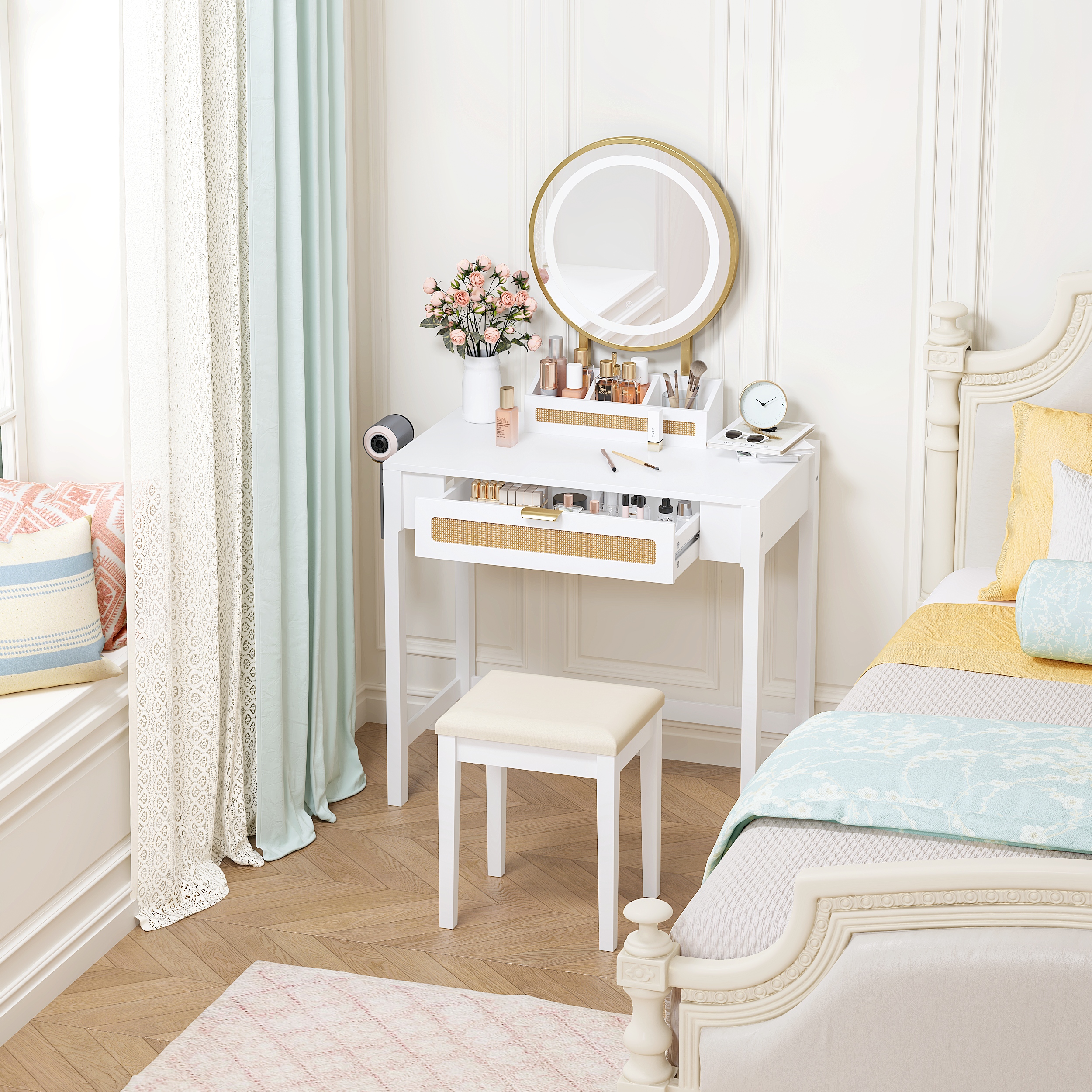 STAROUS Rattan Makeup Vanity Desk with Mirror and Lights, White Vanity Table with Drawers, Small Dressing Table with 3 Lighting Modes for Bedroom