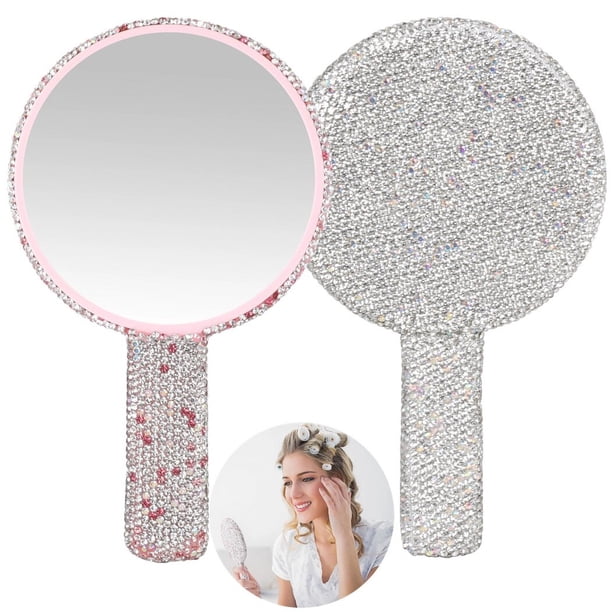 2 espejos de mano con diamantes de imitación, espejos de maquillaje para mujeres y niñas, novia, espejo de mano vintage, espejos portátiles con brillantes para salón de cosméticos de boda (rosa, blanc