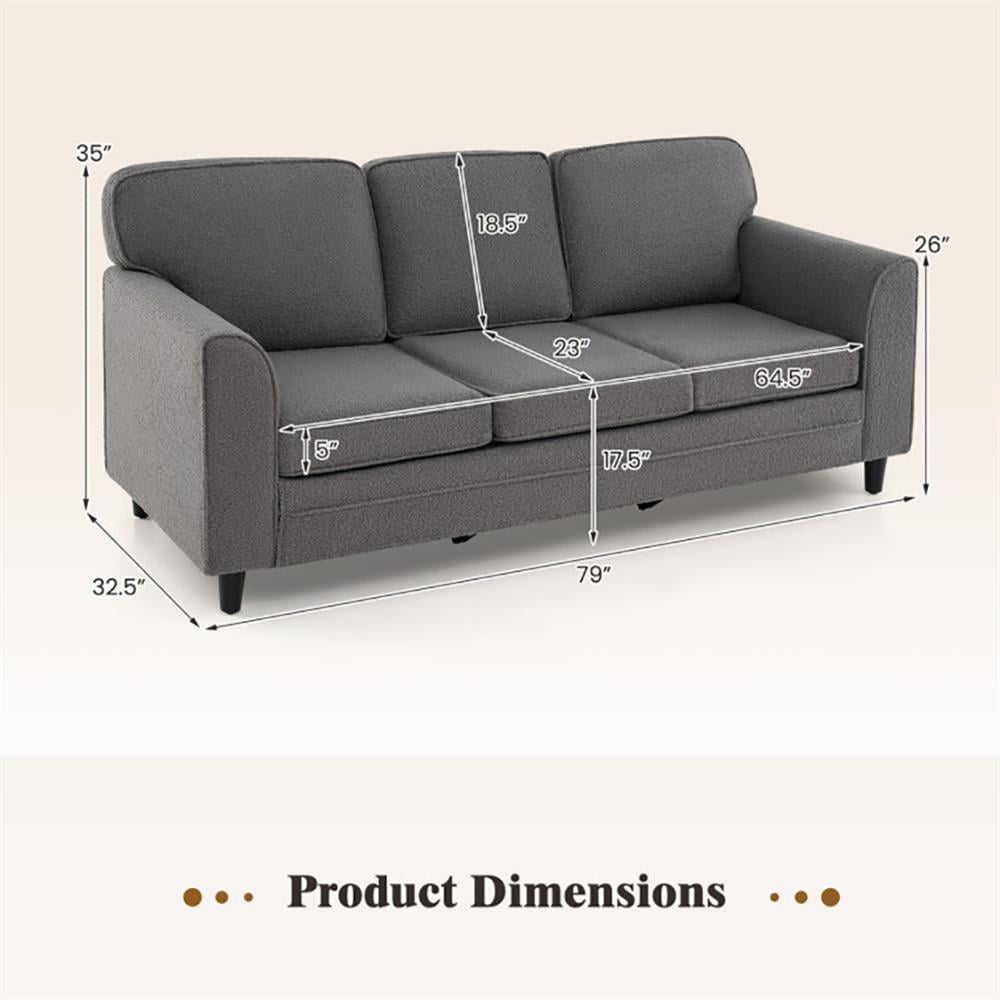 Resenkos Upholstered Teddy Velvet 3-Seat Sofa with Comfy Back Pillows-Gray