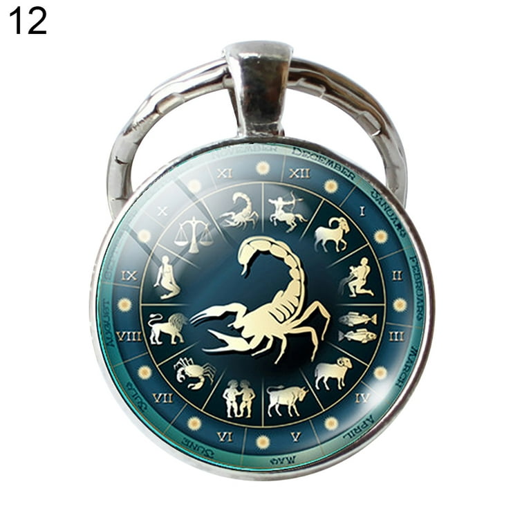 12 Constellation Zodiac Sign Round Glass Pendant Key Ring Holder Keychain  Gift