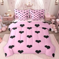 jejeloiu Black Heart Print 7-Piece Twin Bedding Sets,Cartoon Love Romantic Theme Bedding Comforter Set For Girls Kids Reversible
