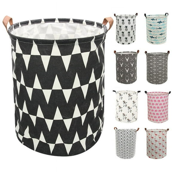 AUCHEN Laundry Hamper, Large Waterproof Cotton Fabric Laundry Baskets with 2 Handles - 19.7"Hx 15.7"Wx 15.7"L - Dirty Clothes, Kids Baby Toys Organizer (Round - Black W)