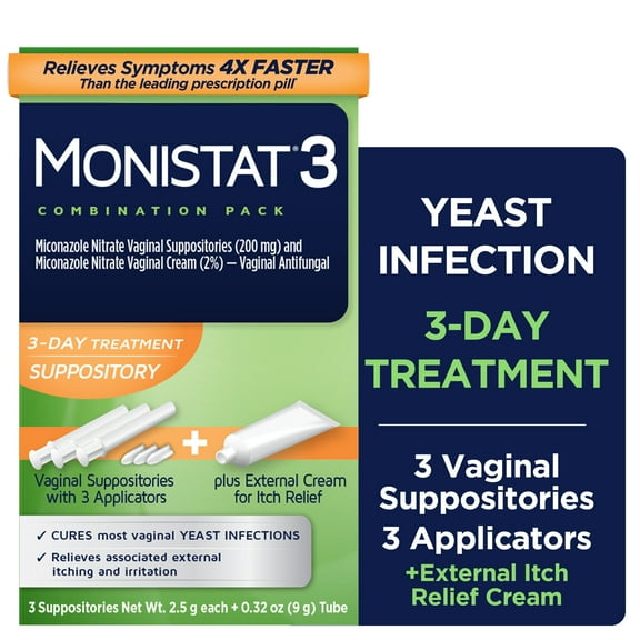 Monistat 3 Day Yeast Infection Treatment, 3 Miconazole Suppository Inserts & External Itch Cream