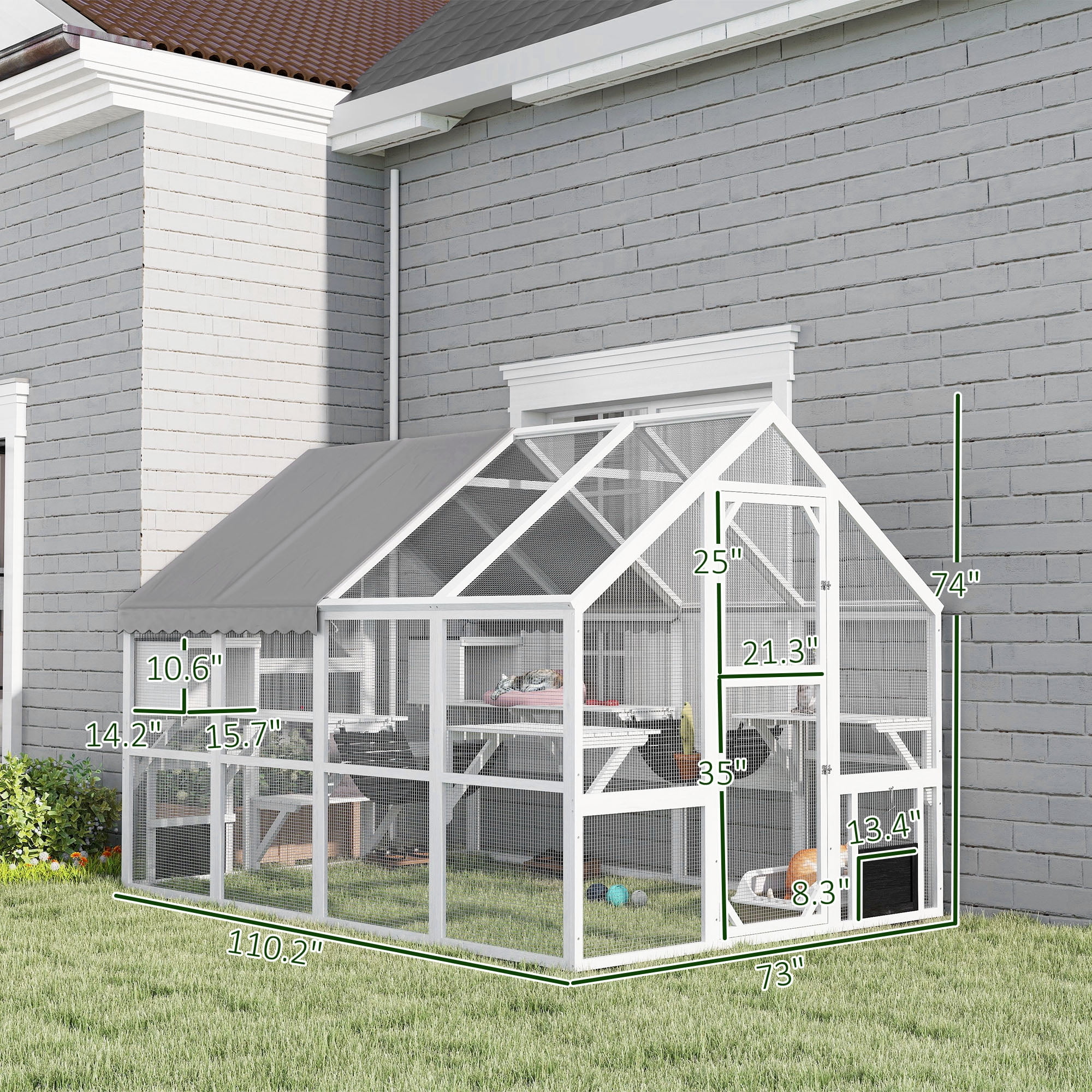 PawHut Large Catio Outdoor Cat Enclosure, Wooden Cat House for Multiple Cats, with Waterproof Cover, 2 Condos, 6 Platforms, Bridge, Doors, White