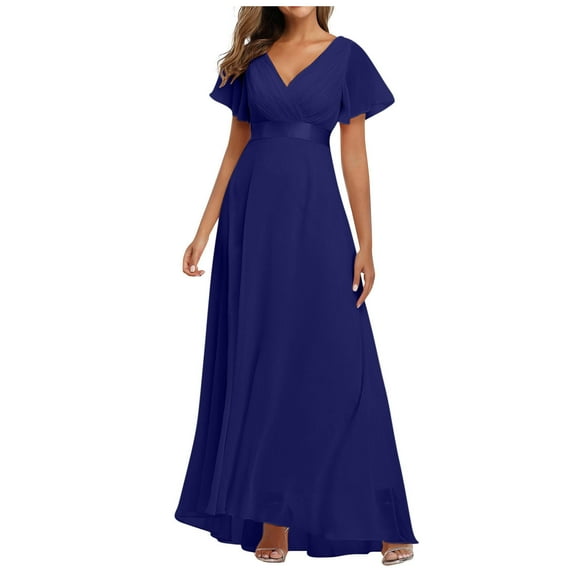 Wedding Guest Dresses for Women Wrap V Neck Chiffon Maxi Cocktail Evening Prom Dress Elegant Long Bridesmaid Dress