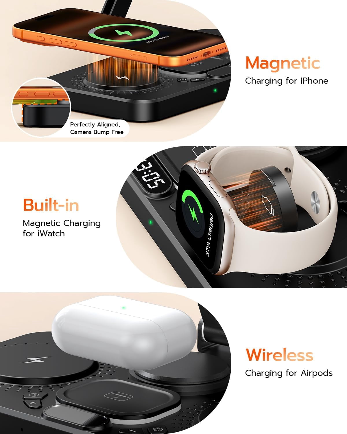 45W 6 in 1 Charging Station for Apple Multiple Devices with Clock & Light, 20W Fast Foldable Wired Charging Stand for iPad/Tab, Wireless Charger Design for MagSafe Charger for iPhone 17/iWatch