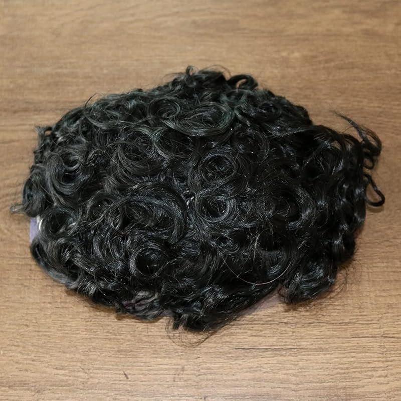 SIMBEAUTY Indian Remy Human Hair Curl Toupee 10x8inch for Men with Men Hair System Replacement Wig (1# Jet Black- 15MM Curly)