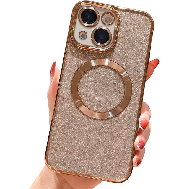 Funda magnética con purpurina para iPhone 14 de 6.1", compatible con Magsafe. Preciosa funda transparente con acabado brillante y acabado brillante. Protector de lente de cámara completo,