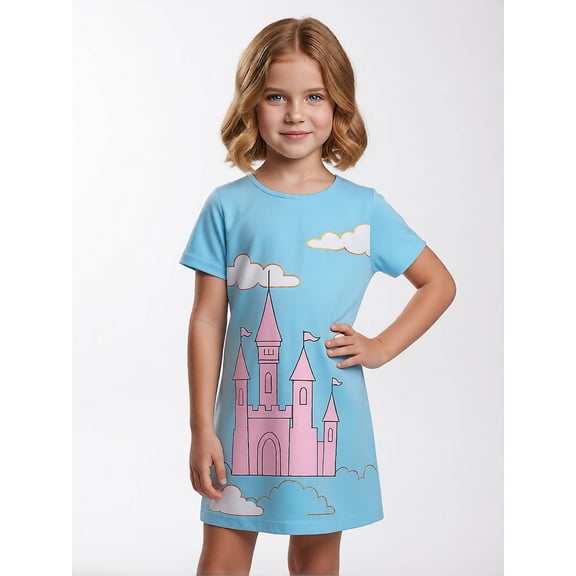 Girls Short Sleeve Everyday Dress Relaxed-Fit Pull-On All-Season Casual Dress for Tween Girls Age 8-13 Back to School
