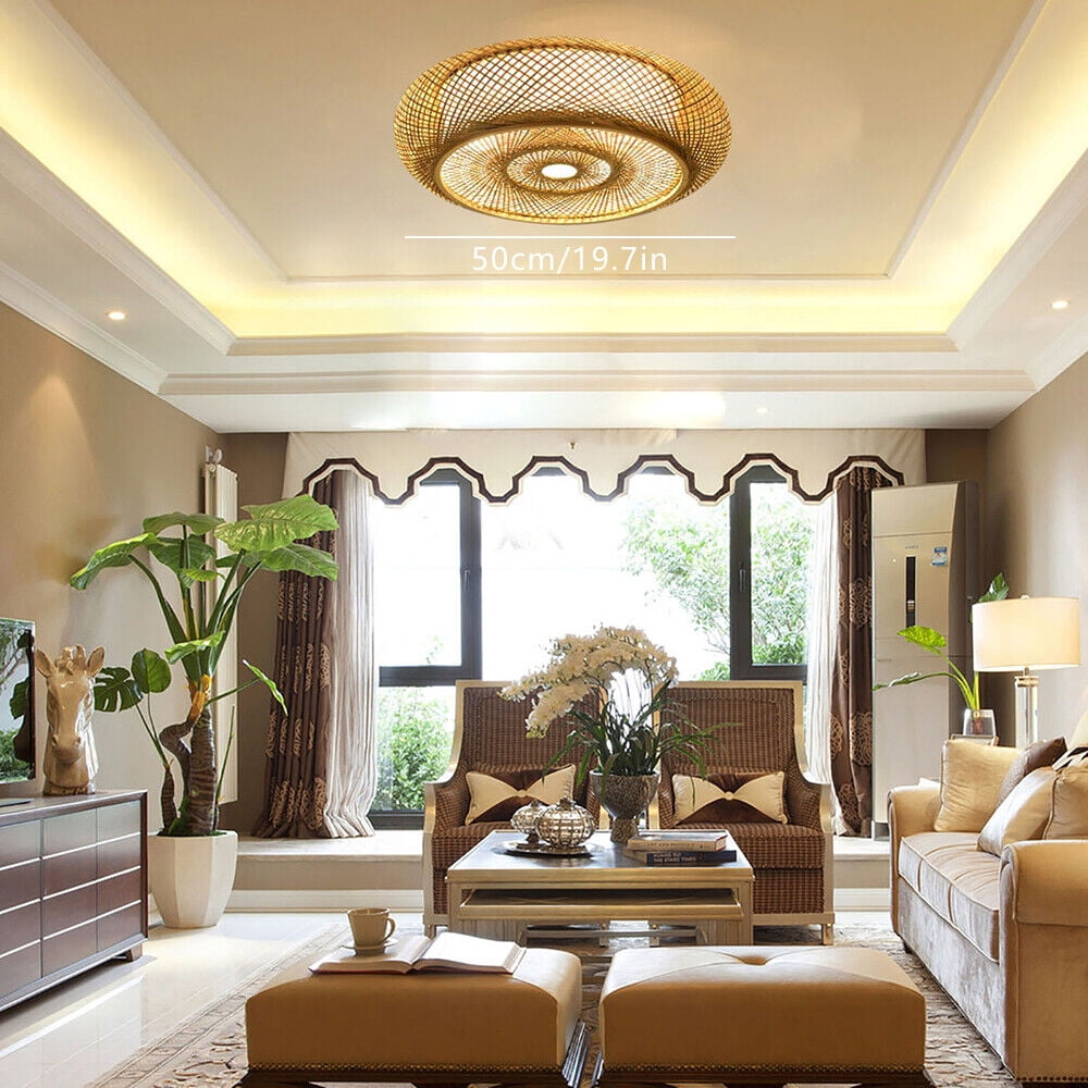 20" Bamboo Ceiling Light Flush Mount Pendant Lamp Vintage Chandelier Wicker Rattan Shade