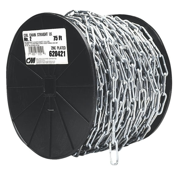 Campbell 0722827 Straight Link Coil Chain, #2/0, 40 ft L, 520 lb Working Load, Steel, Zinc