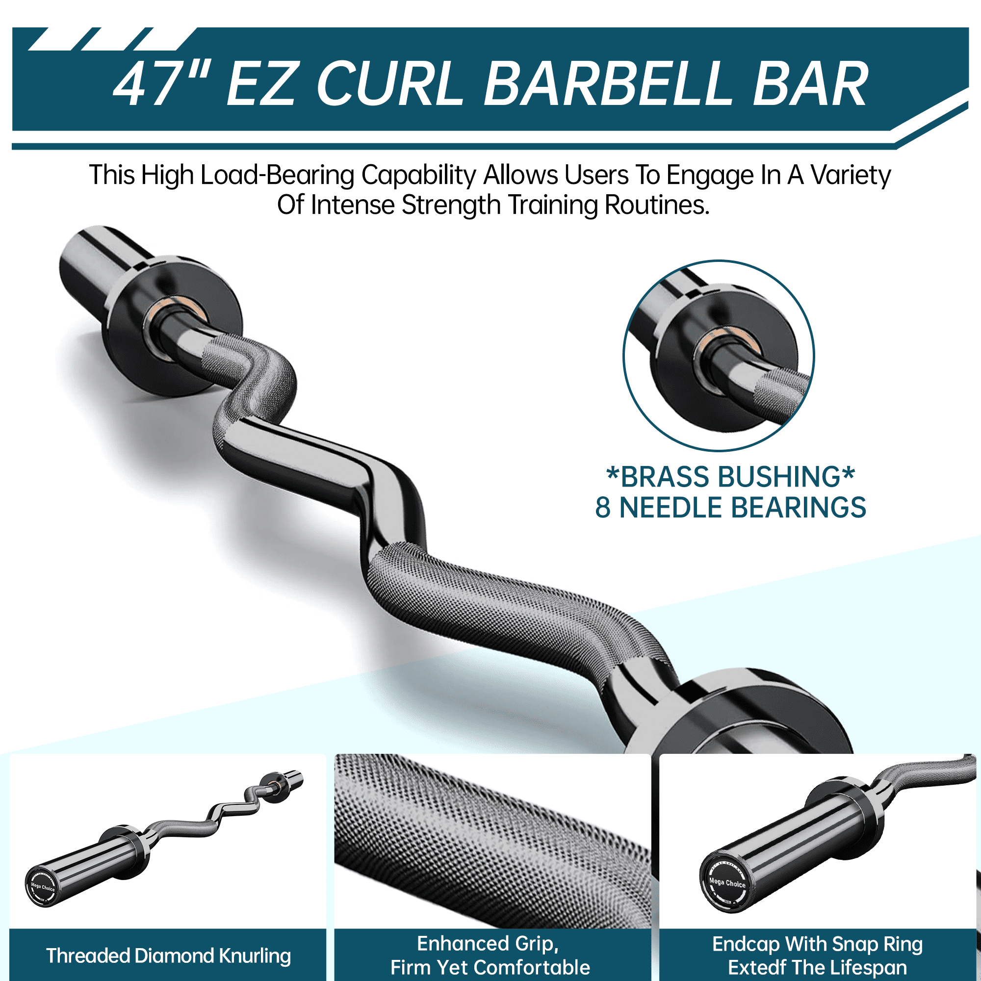 47" EZ Curl Bar, 500 LBS Weight Capacity Barbell Curl Bar with 2 Clips for Weight Lifting, Strengths Training, Deadlifts, Suitable for 2 Inch Weight Plates, Black