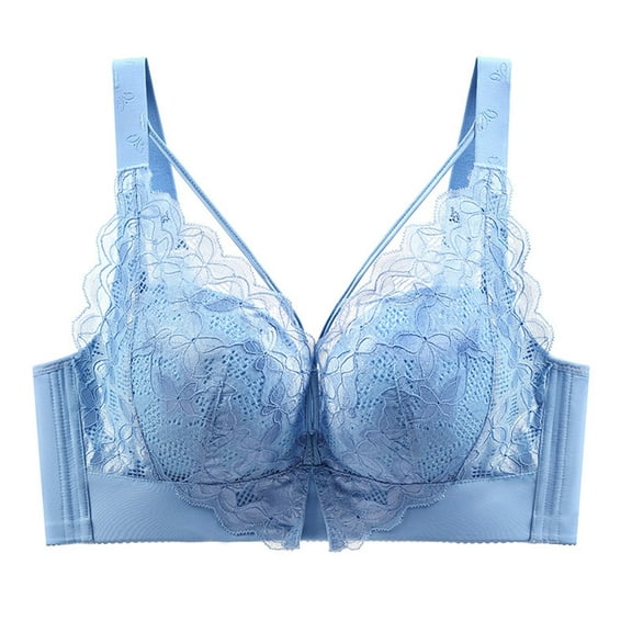 QLEICOM Everyday Bras for Women, Women's Comfort Lift Wirefree Bra Sports Lace Bra Wire Free Underwear One-Piece Bra Everyday Underwear Bras No Underwire Blue Cup 46/105CDE