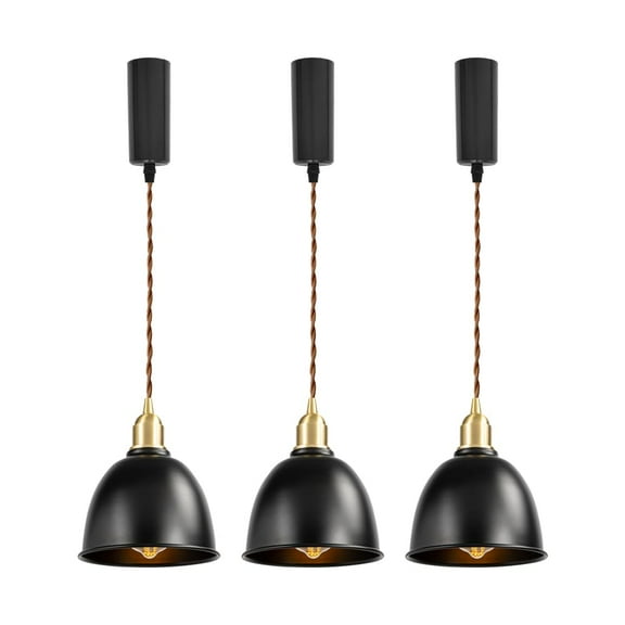 KAYYELAMP 3.2ft Adjustable Cord J-Type Track Pendant E26 Brass Base Black Metal Industrial Style Hanging Light for Kitchen Home Office Vintage Decor 3 Pcs(No Bulb, Track)