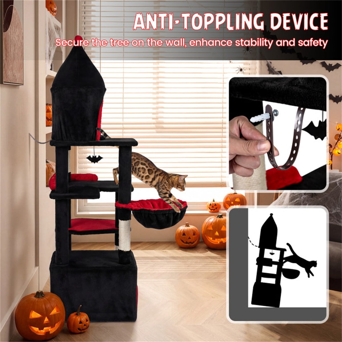 Gothic 5-Level Cat Tree 63" Tall with Sisal Scratching Posts Black Red Cat Tower