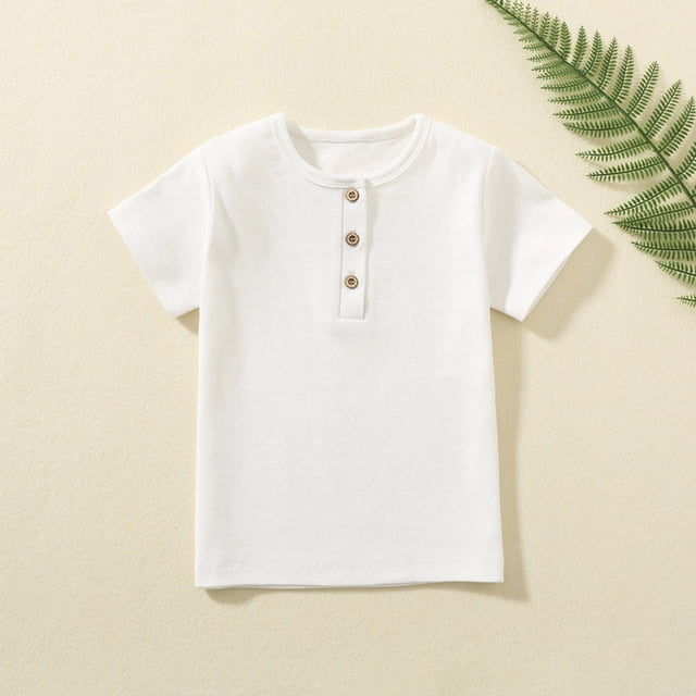 Haut à Manches Courtes Col Rond Boutonné Couleur Unie Mode Confortable pour Enfants Garçons Filles