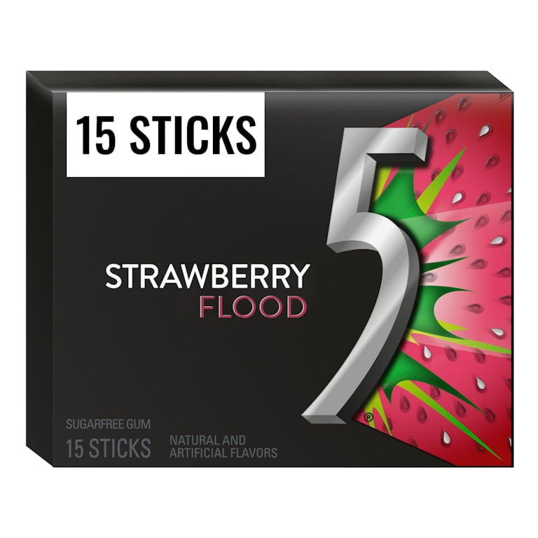 WRIGLEY’S 5 STRAWBERRY FLOOD GUM — 15 STICKS PER PACK — 10 PACK VALUE BOX — LONG-LASTING SWEET STRAWBERRY SUGAR-FREE CHEWING GUM