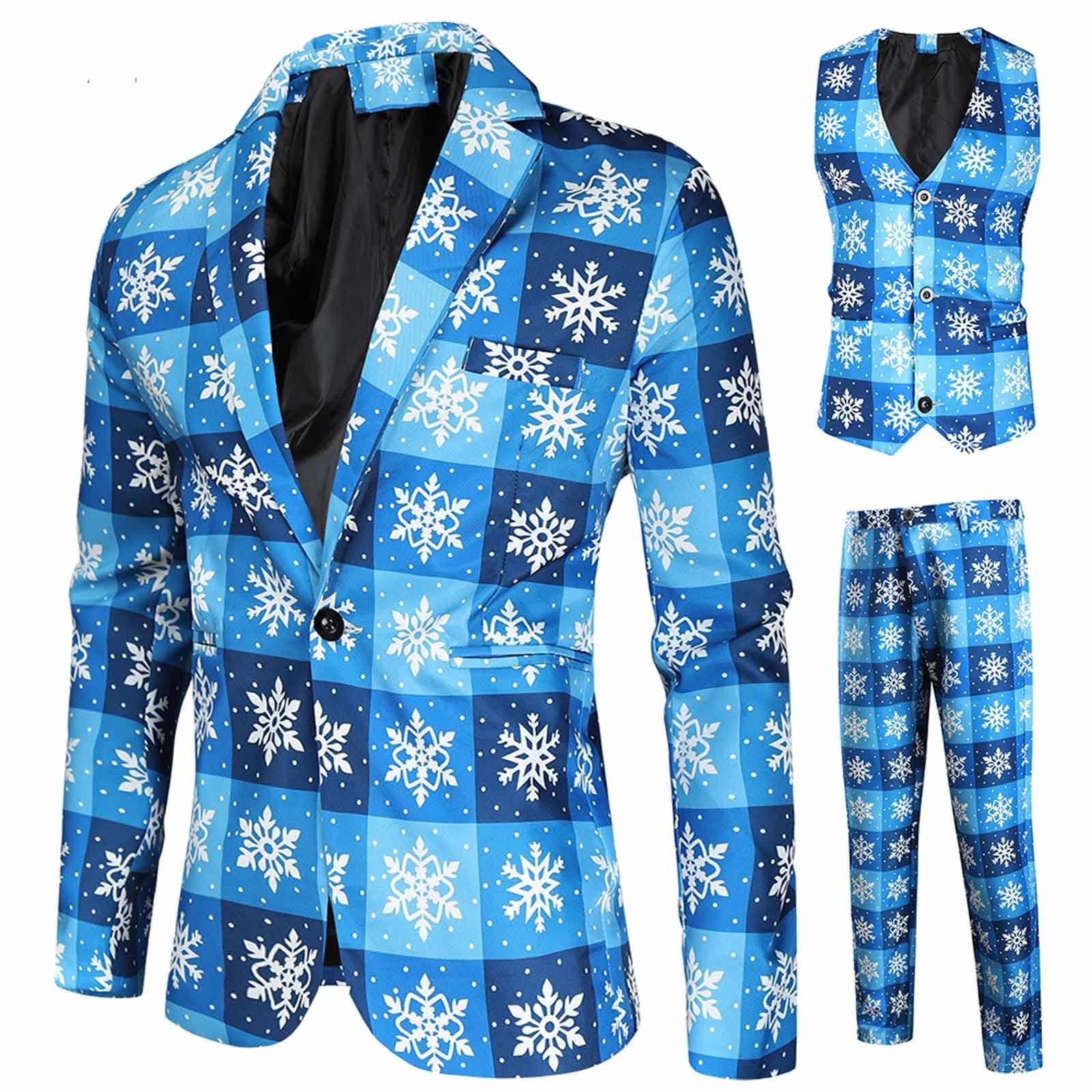 ZCFZJW Men's 3 Piece Suit Slim Fit One Button Blazers Christmas Snowflake  Print Lapel Casual Jacket Party Wedding Tuxedo Tux & Pants & Vest Set Blue  XXL - Walmart.com
