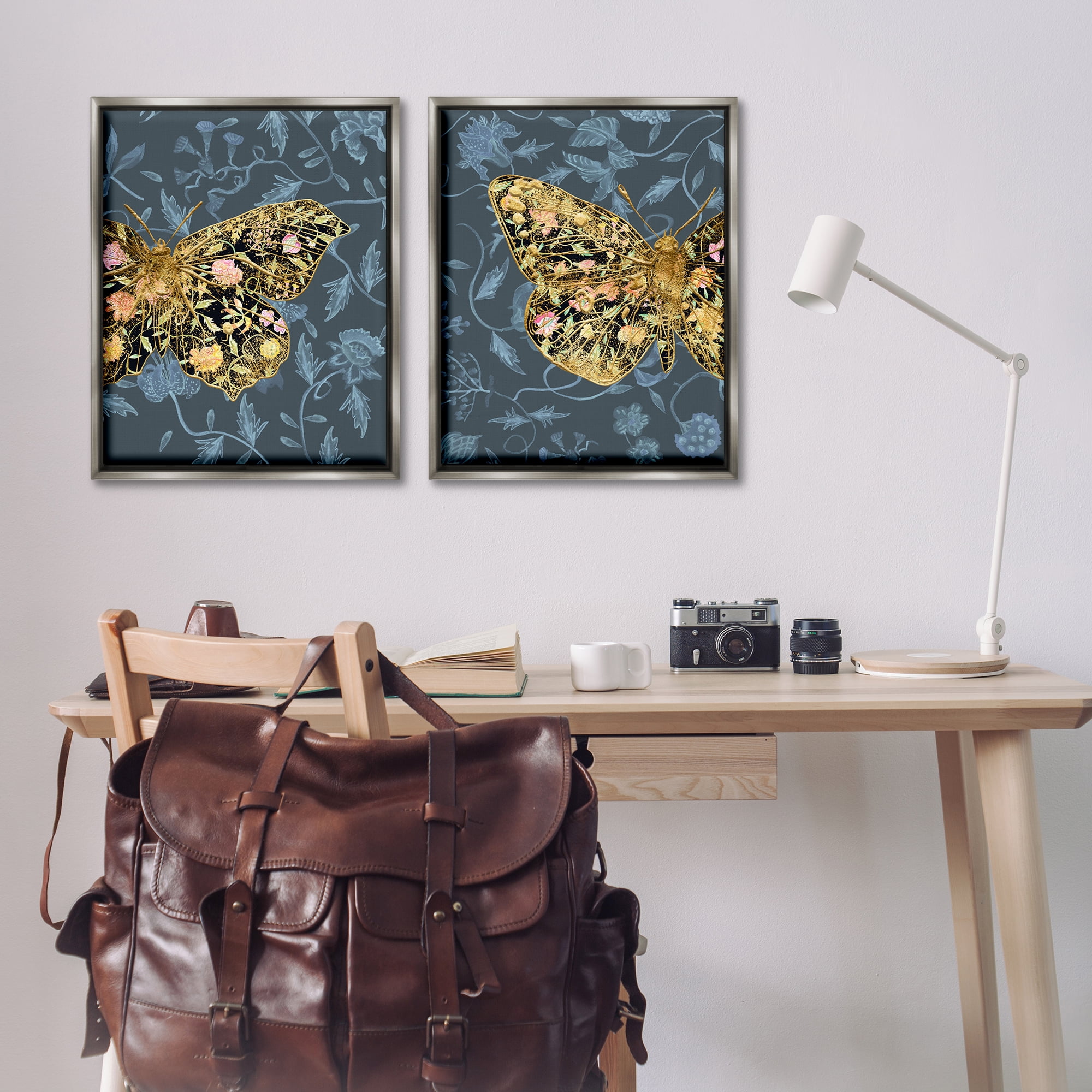 Stupell Industries Gold Winged Black Moth Floral Animals Painting Gray Floater Framed Canvas Art Print Wall Art, 31 x 25, Set of 2