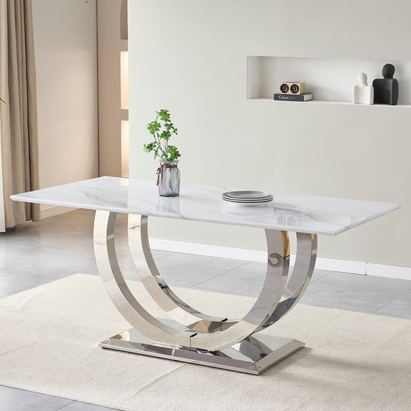 69.30 Inch Rectangular Dining Table, Modern Simple MDF Faux Marble Tabletop, Stainless Steel Mirror Surface In Silver Color, Suitable For 4-6 People, White Marble Pattern, Silver Mirror