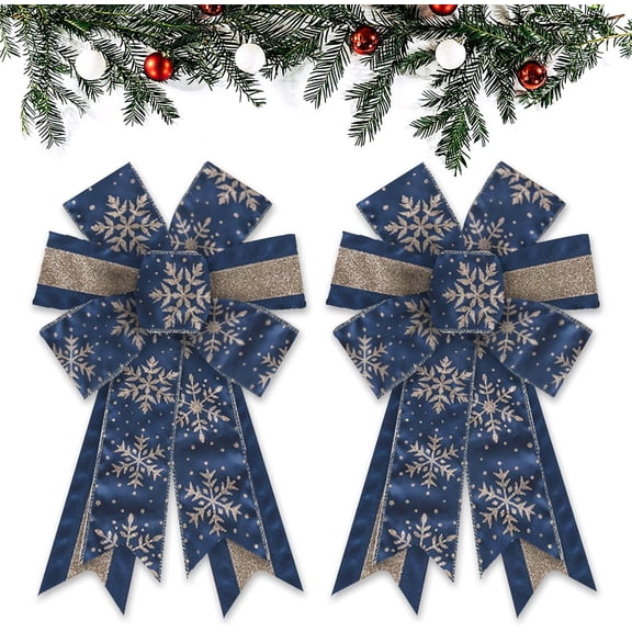 Hsomely 2PCS Blue Gold Glitter Stripe Snowflake Christmas Bow for Wreath, Vintage Tree Topper Ornament for Front Door, Indoor & Outdoor Xmas Decor