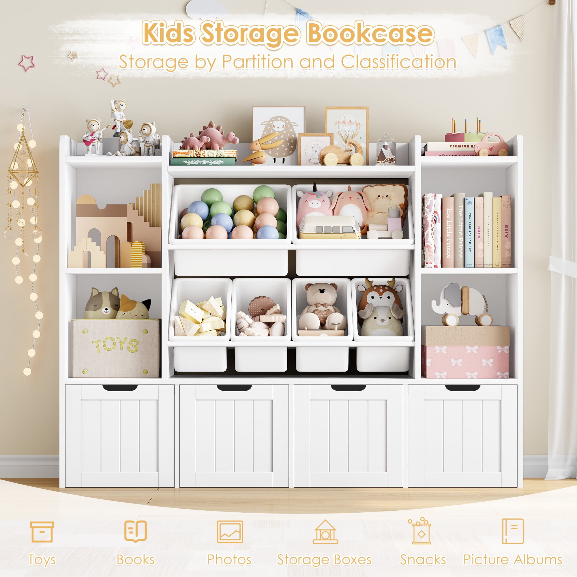 Hiphuta 3-tier 55"in Large Kids Bookcase with Toy Storage Organizer, Wood Toy Organizer of 6 Boxes & 4 Removable Drawers, White