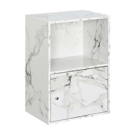 Pemberly Row Storage 1 Door Cabinet in White Faux Marble Wood Finish