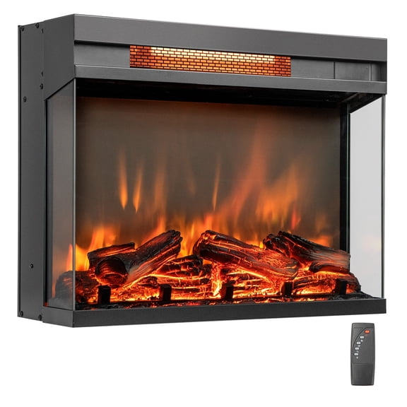 JWRWEF 23" 3-Sided Electric Fireplace Insert Heater 1500W with Thermostat, Remote Control & Panoramic Flame View, Infrared Quartz Heating for Living Room, Loft, Apartment – Black